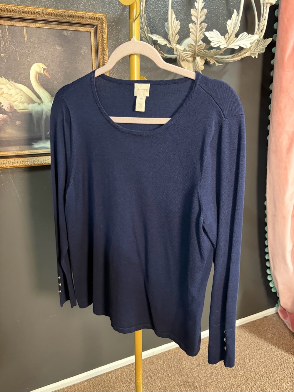 Chico's Navy Long-Sleeve Crewneck Top with Cuff Buttons